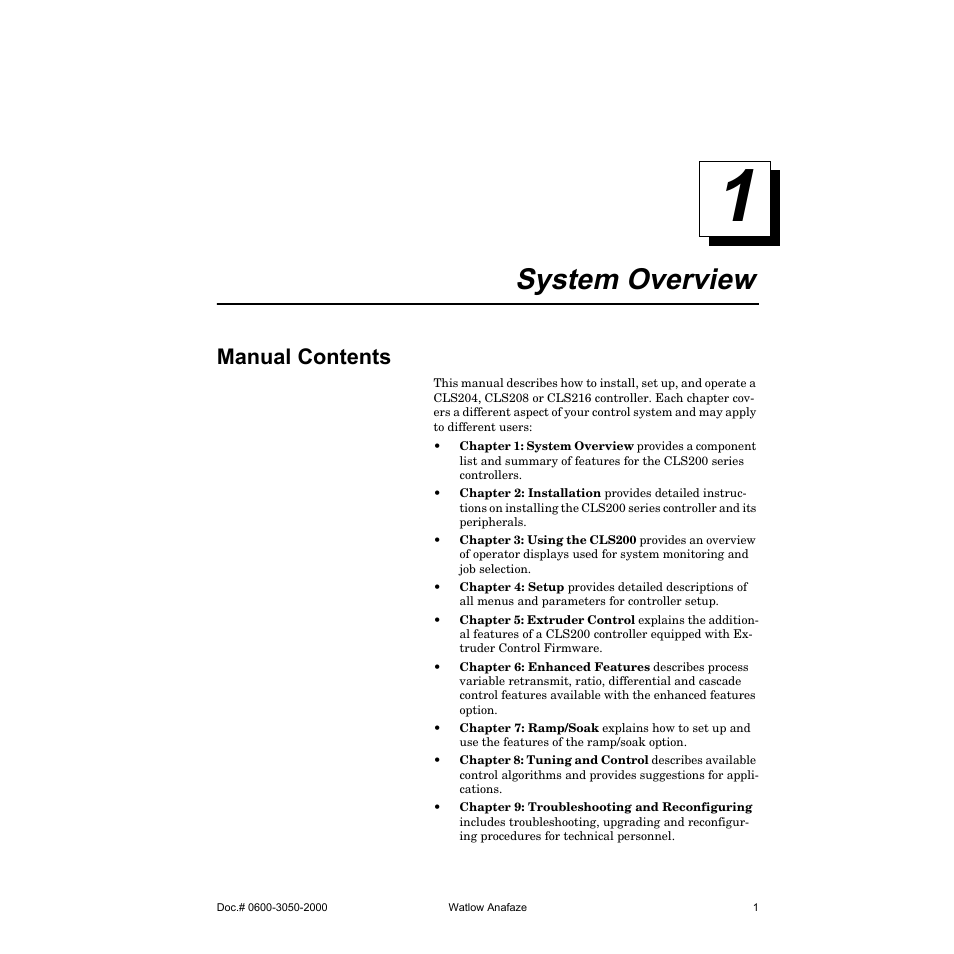 System overview, Manual contents | Watlow CLS200 User Manual | Page 17 / 251