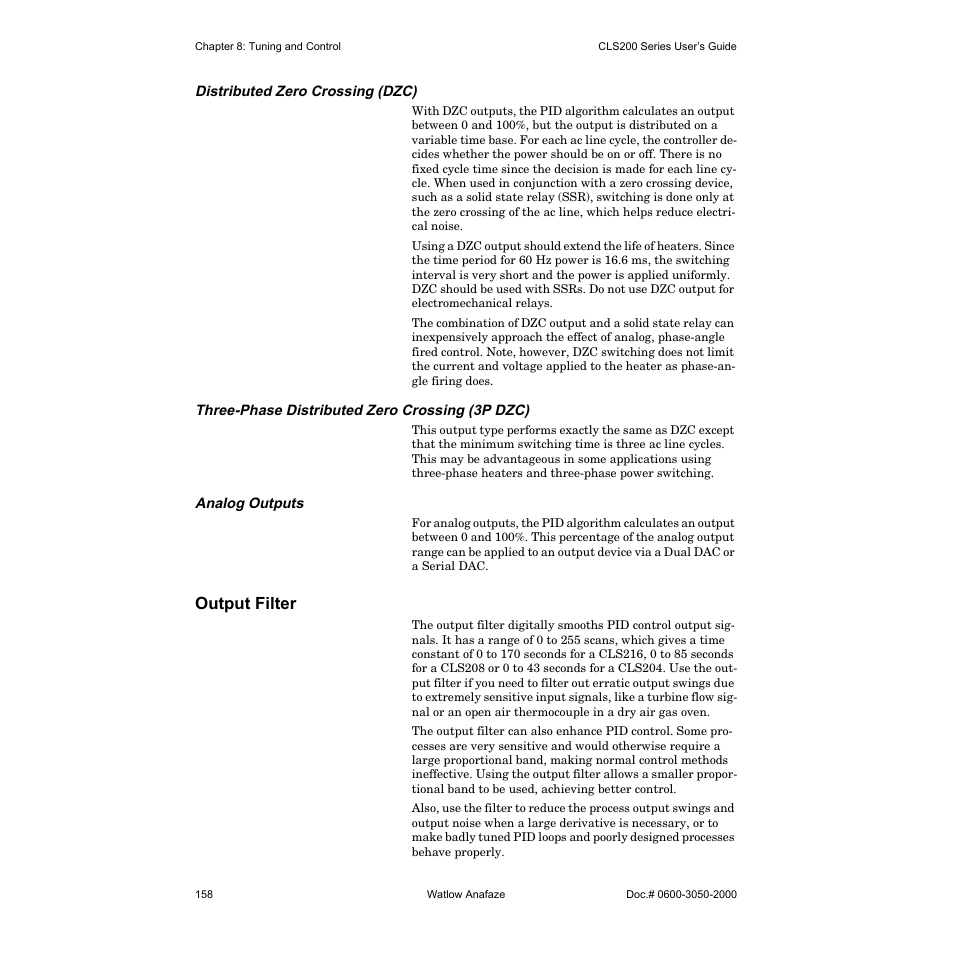Distributed zero crossing (dzc), Three-phase distributed zero crossing (3p dzc), Analog outputs | Output filter | Watlow CLS200 User Manual | Page 174 / 251