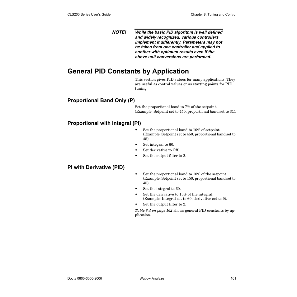General pid constants by application, Proportional band only (p), Proportional with integral (pi) | Pi with derivative (pid) | Watlow CLS200 User Manual | Page 177 / 251