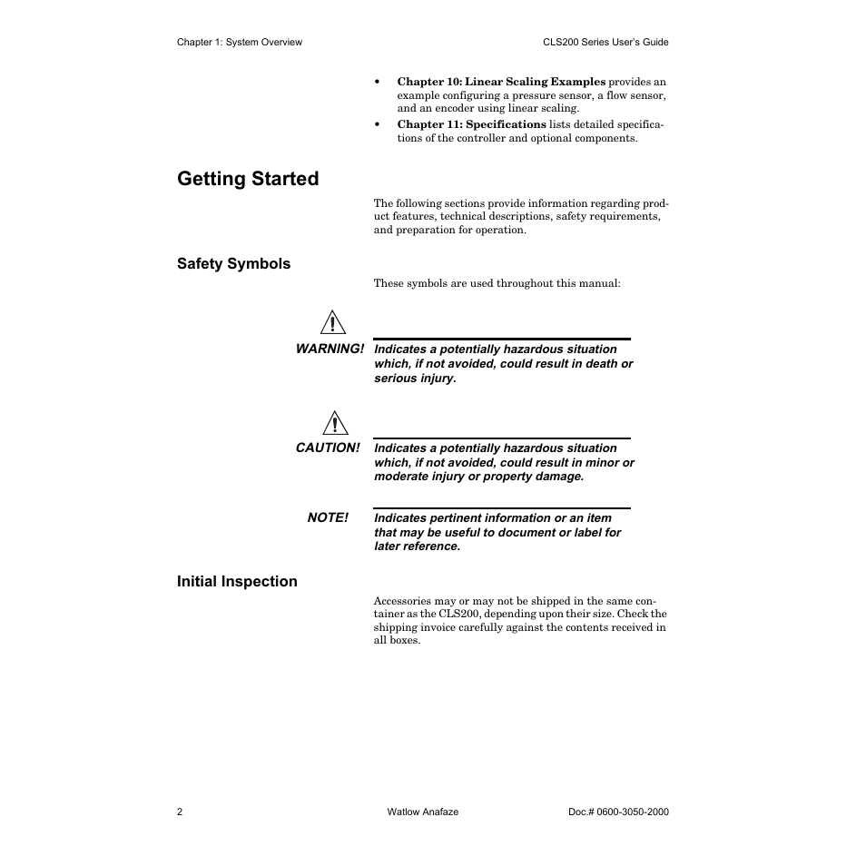 Getting started, Safety symbols, Initial inspection | Watlow CLS200 User Manual | Page 18 / 251