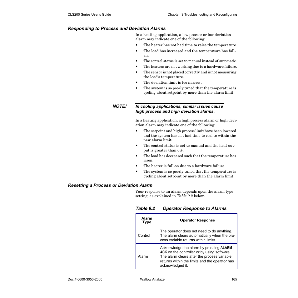 Responding to process and deviation alarms, Resetting a process or deviation alarm | Watlow CLS200 User Manual | Page 181 / 251