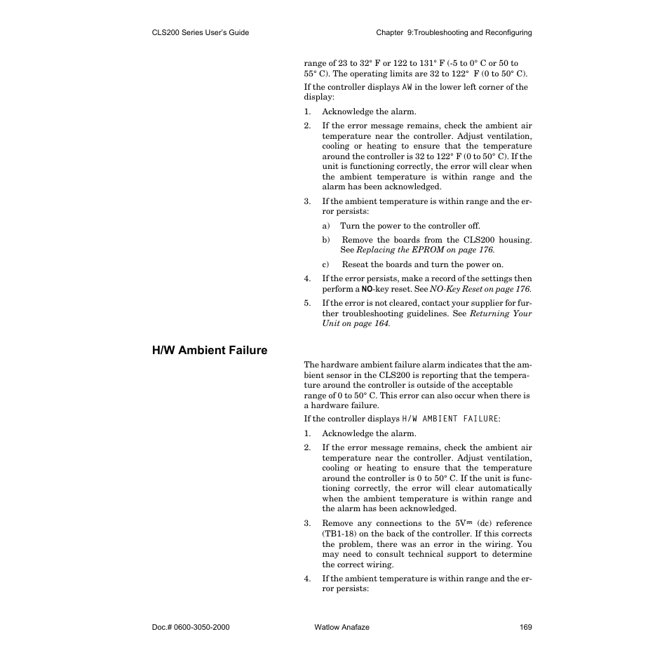 H/w ambient failure, H/w ambient failure on | Watlow CLS200 User Manual | Page 185 / 251