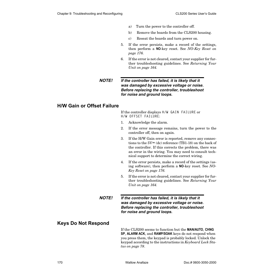H/w gain or offset failure, Keys do not respond | Watlow CLS200 User Manual | Page 186 / 251