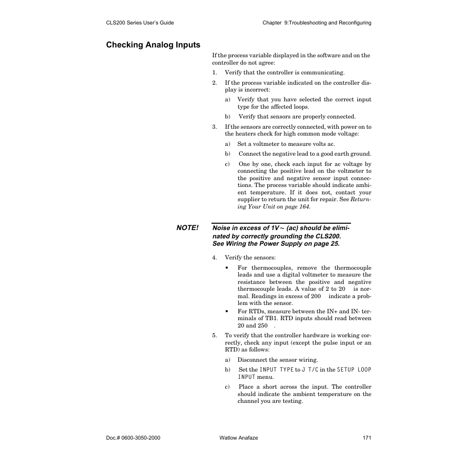 Checking analog inputs | Watlow CLS200 User Manual | Page 187 / 251