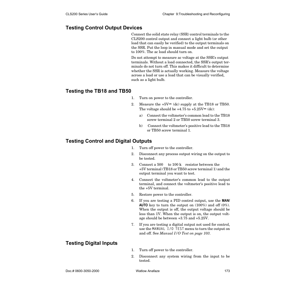 Testing control output devices, Testing the tb18 and tb50, Testing control and digital outputs | Testing digital inputs | Watlow CLS200 User Manual | Page 189 / 251
