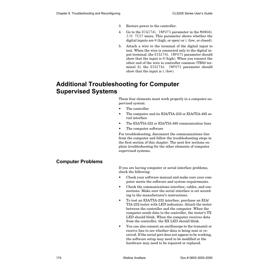 Computer problems | Watlow CLS200 User Manual | Page 190 / 251