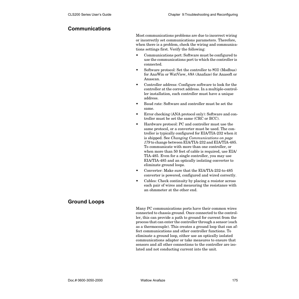 Communications, Ground loops | Watlow CLS200 User Manual | Page 191 / 251