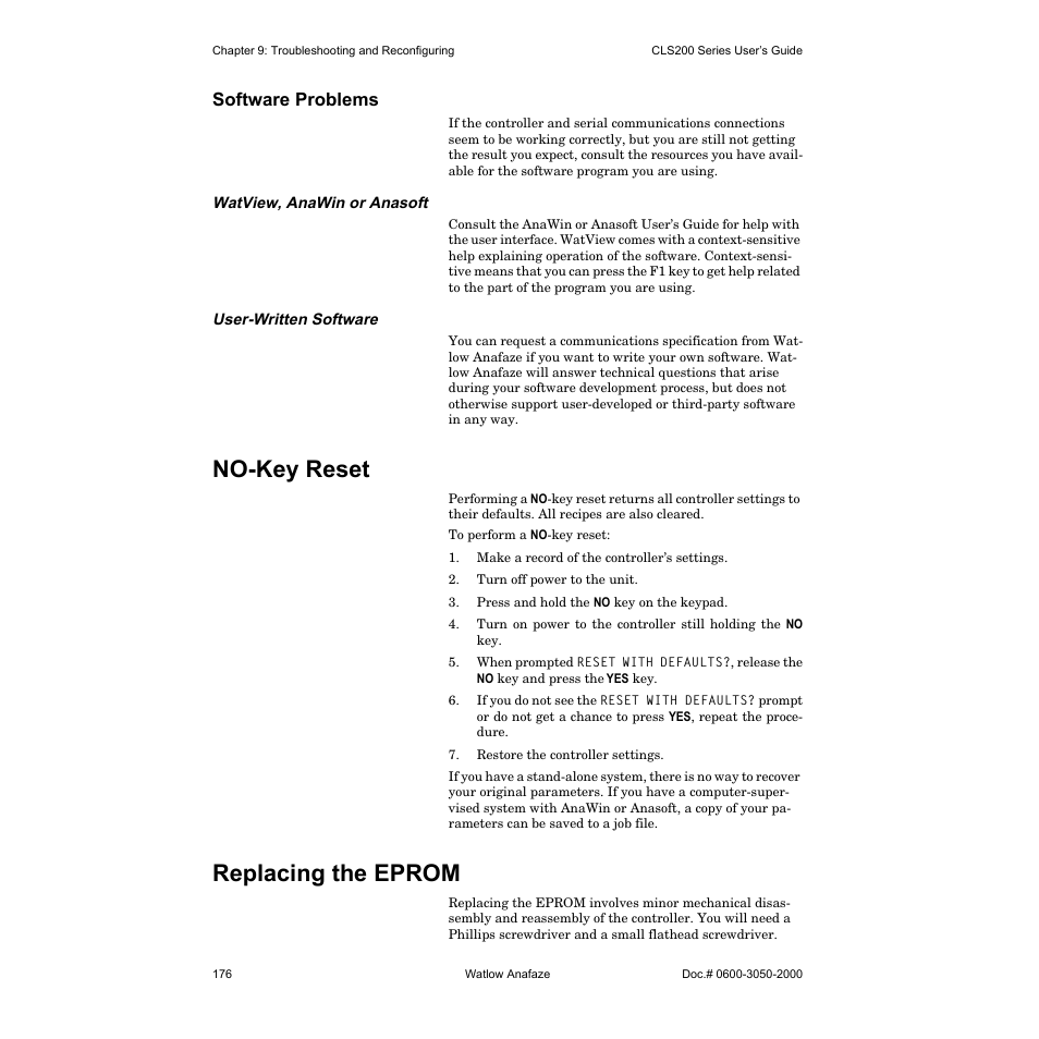Software problems, Watview, anawin or anasoft, User-written software | No-key reset, Replacing the eprom, See no-key, No-key reset on | Watlow CLS200 User Manual | Page 192 / 251