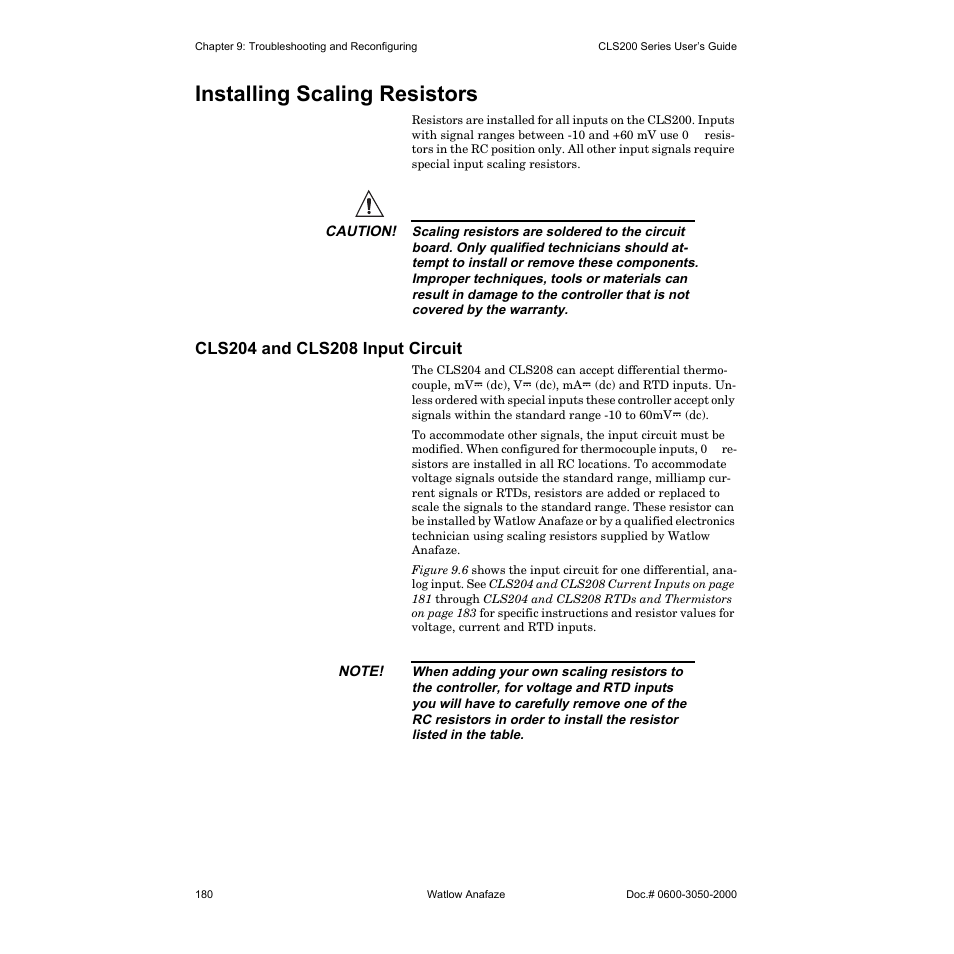 Installing scaling resistors, Cls204 and cls208 input circuit | Watlow CLS200 User Manual | Page 196 / 251