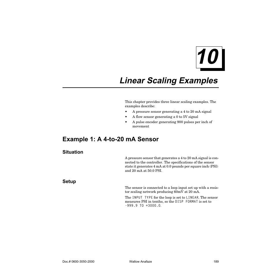 Linear scaling examples, Example 1: a 4-to-20 ma sensor, Situation | Setup | Watlow CLS200 User Manual | Page 205 / 251