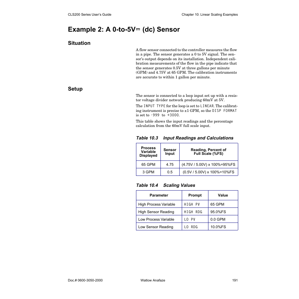 Example 2: a 0-to-5vî (dc) sensor, Situation, Setup | Example 2: a 0-to-5v î (dc) sensor | Watlow CLS200 User Manual | Page 207 / 251