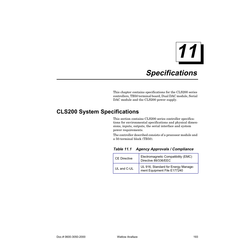 Specifications, Cls200 system specifications | Watlow CLS200 User Manual | Page 209 / 251