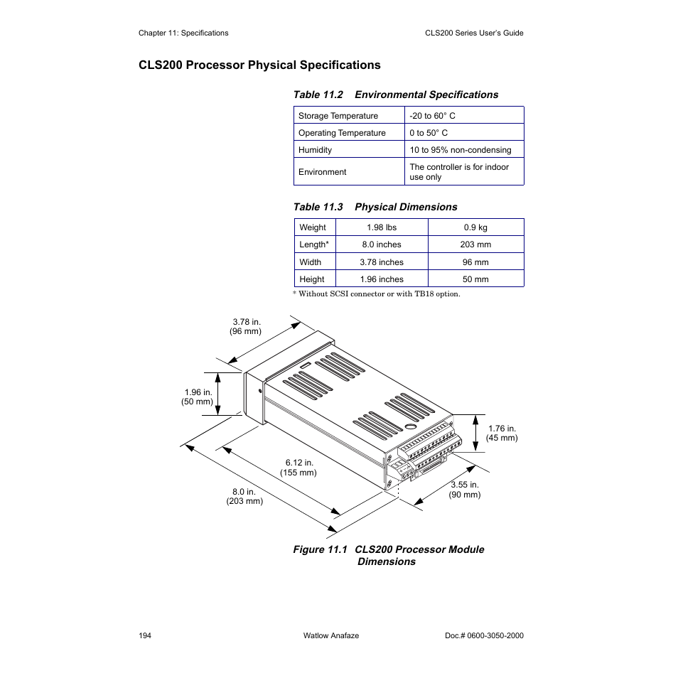 Cls200 processor physical specifications | Watlow CLS200 User Manual | Page 210 / 251