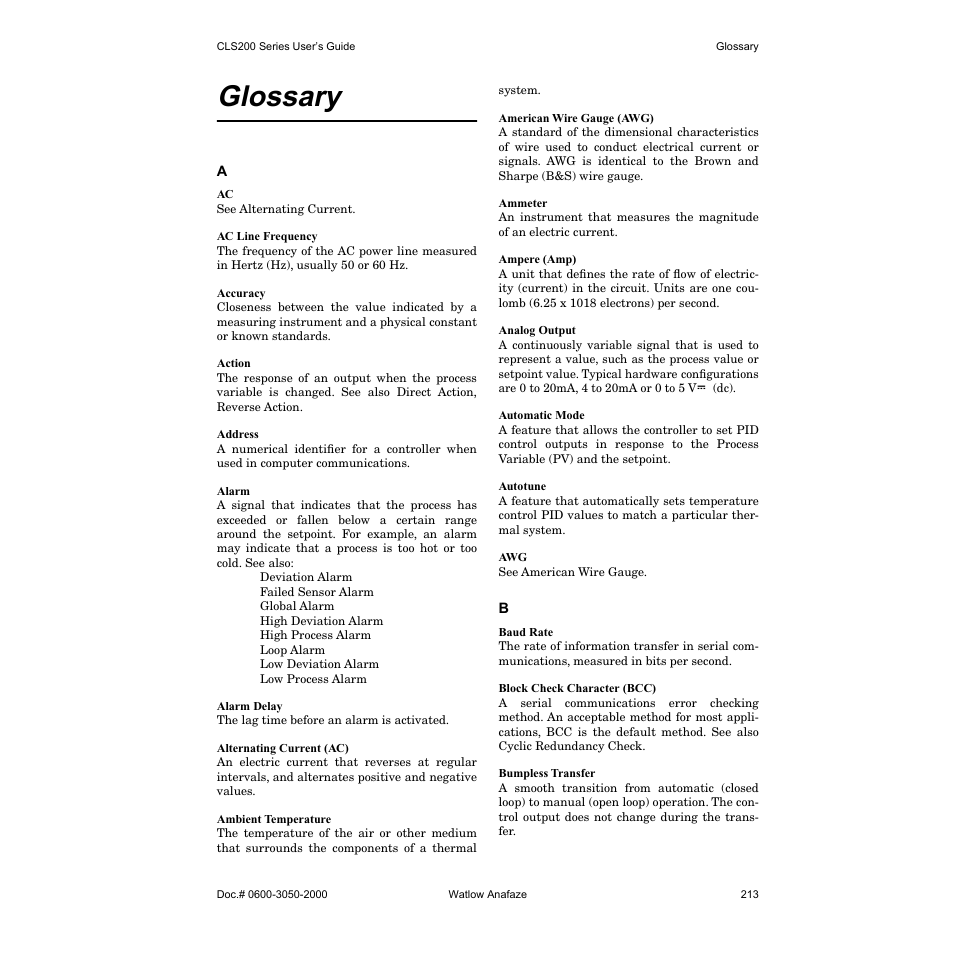 Glossary | Watlow CLS200 User Manual | Page 229 / 251