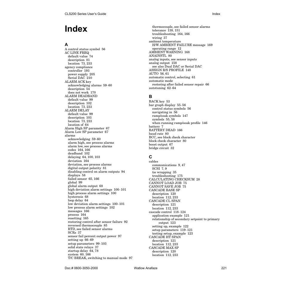Index | Watlow CLS200 User Manual | Page 237 / 251