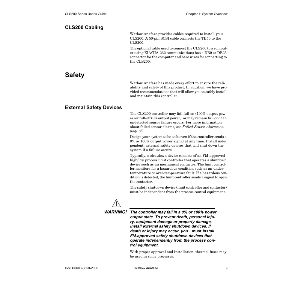 Cls200 cabling, Safety, External safety devices | Watlow CLS200 User Manual | Page 25 / 251