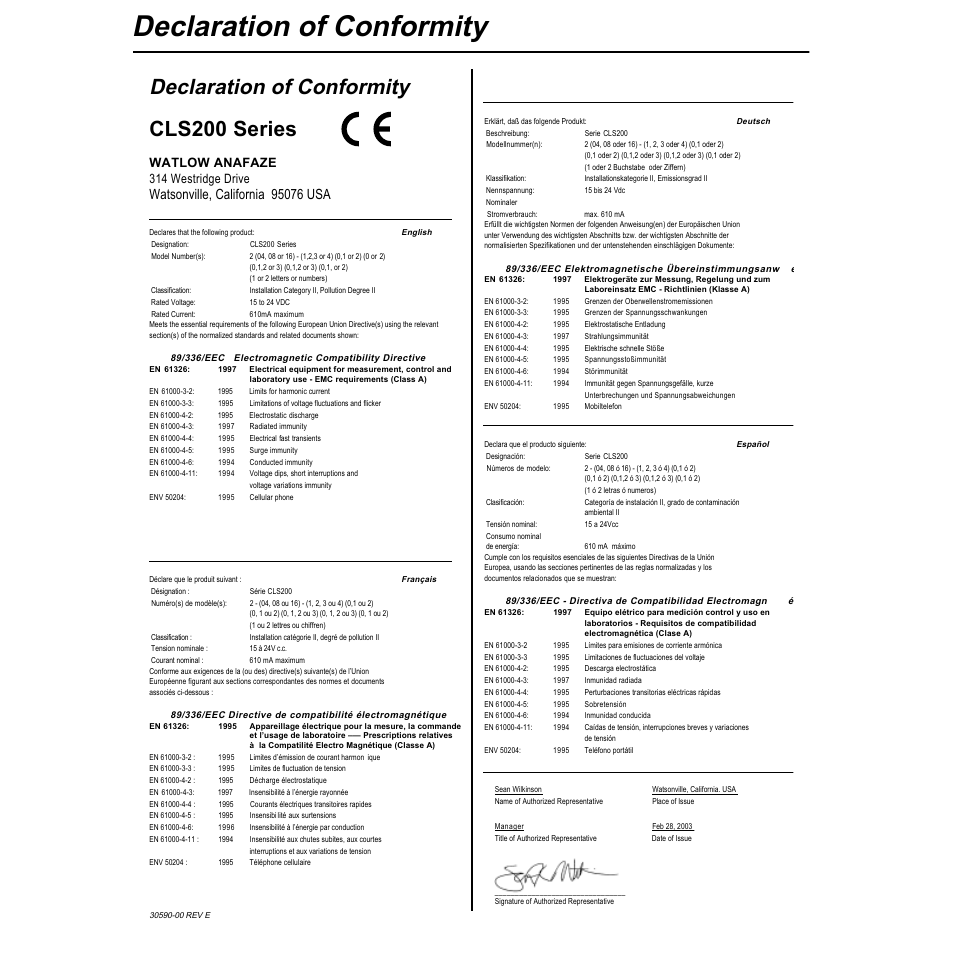 Declaration of conformity, Declaration of conformity cls200 series, Watlow anafaze 314 westridge drive | Watlow CLS200 User Manual | Page 250 / 251