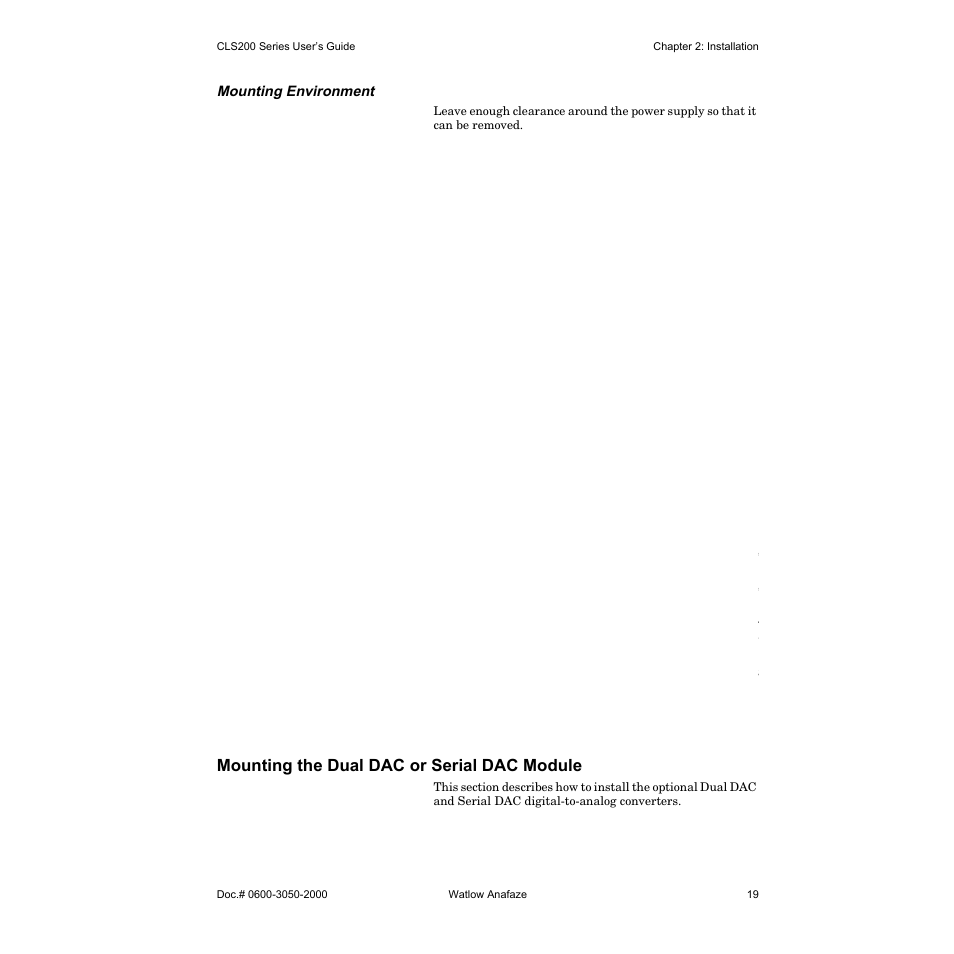 Mounting environment, Mounting steps, Mounting the dual dac or serial dac module | Watlow CLS200 User Manual | Page 35 / 251
