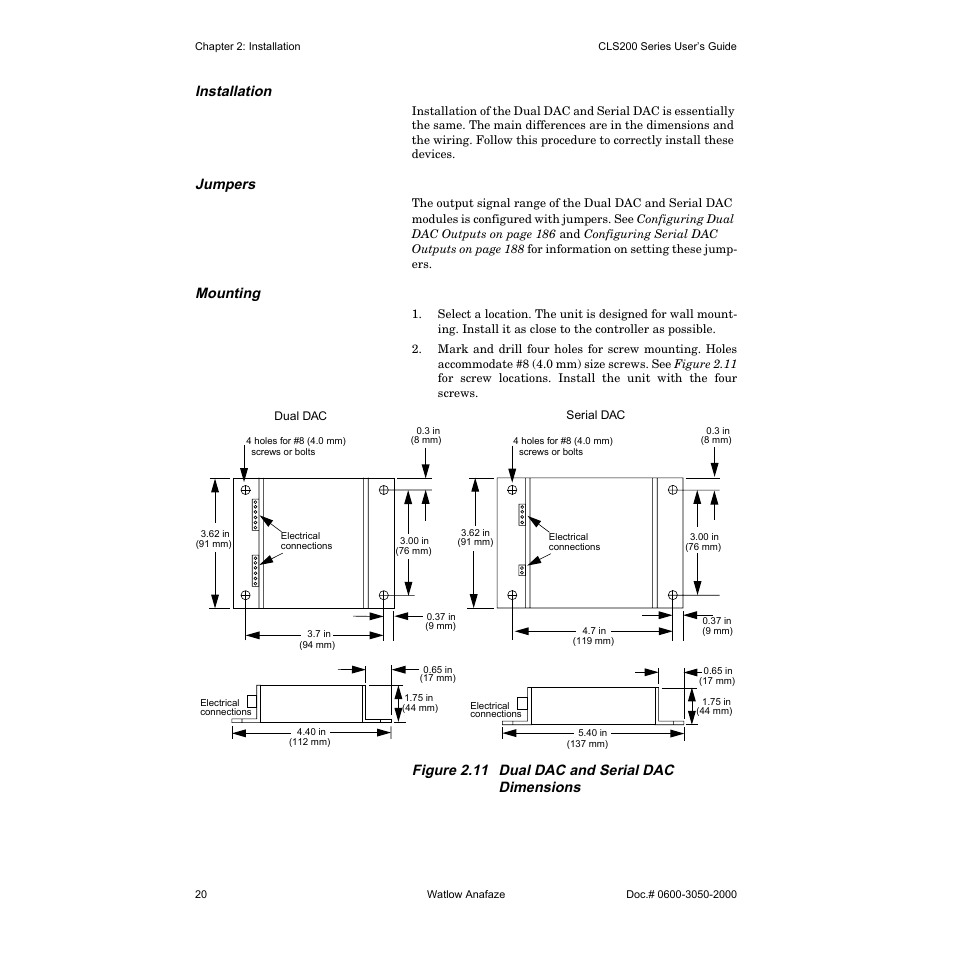 Installation, Jumpers, Mounting | Figure 2.11 dual dac and serial dac dimensions | Watlow CLS200 User Manual | Page 36 / 251