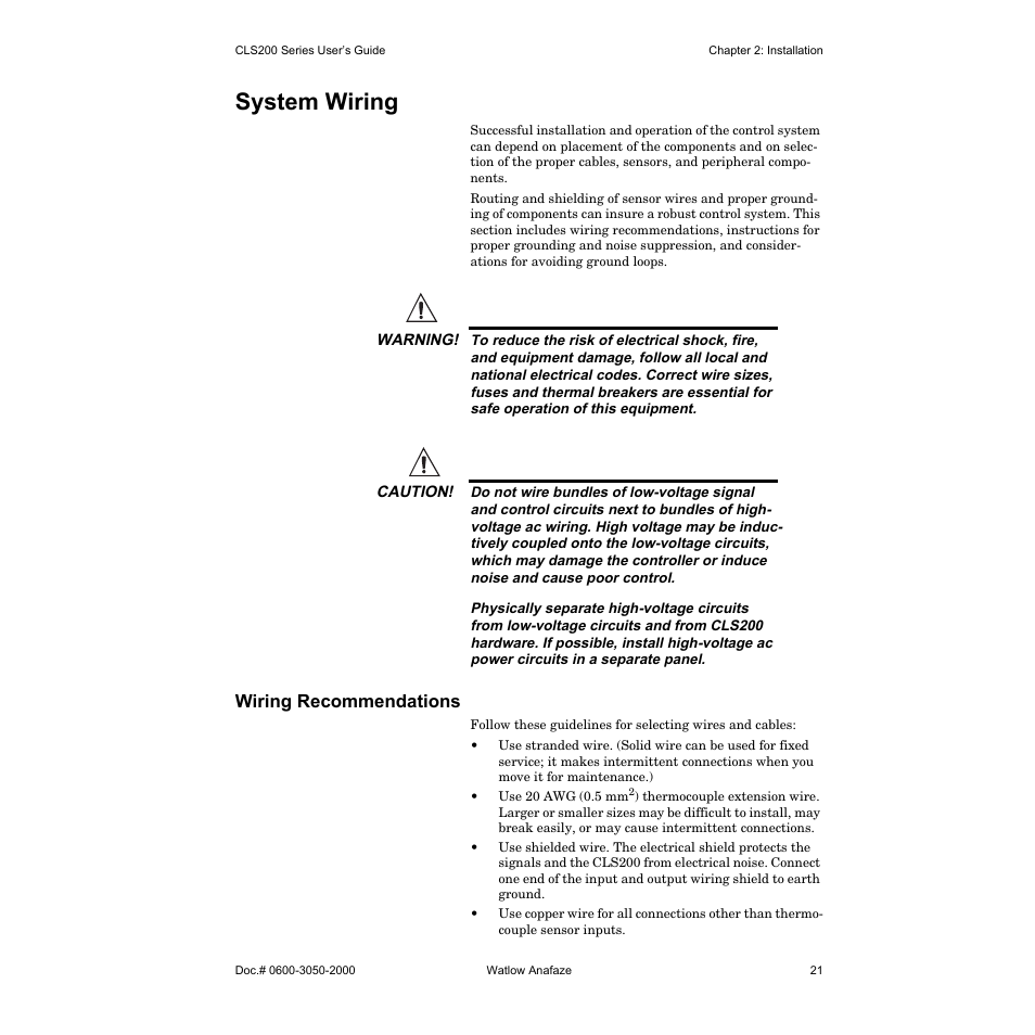 System wiring, Wiring recommendations | Watlow CLS200 User Manual | Page 37 / 251
