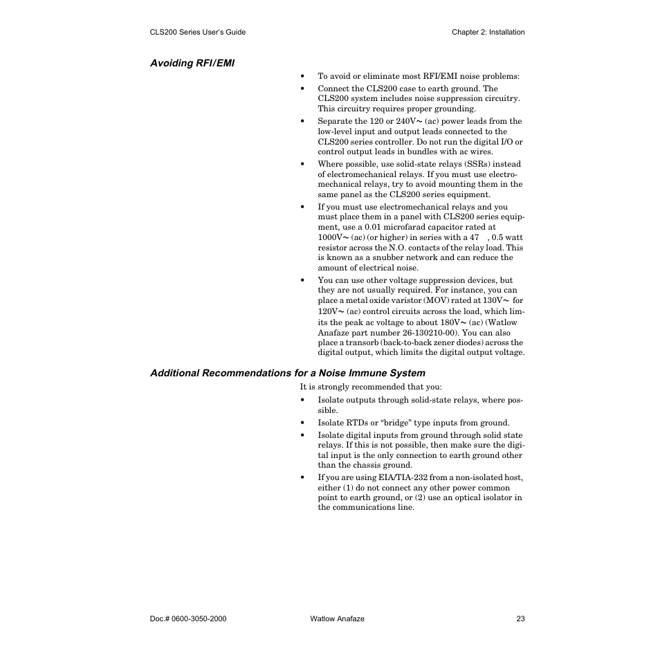 Avoiding rfi/emi | Watlow CLS200 User Manual | Page 39 / 251