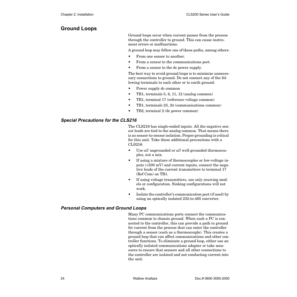 Ground loops, Special precautions for the cls216, Personal computers and ground loops | Watlow CLS200 User Manual | Page 40 / 251