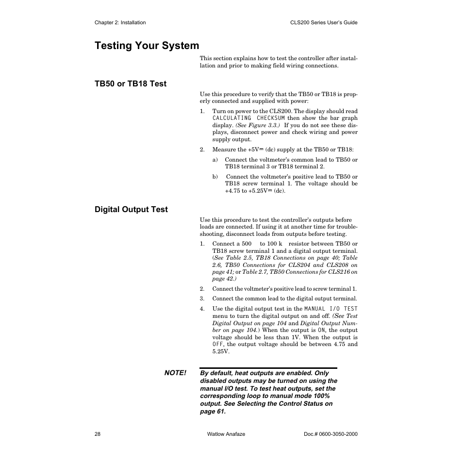 Testing your system, Tb50 or tb18 test, Digital output test | Watlow CLS200 User Manual | Page 44 / 251