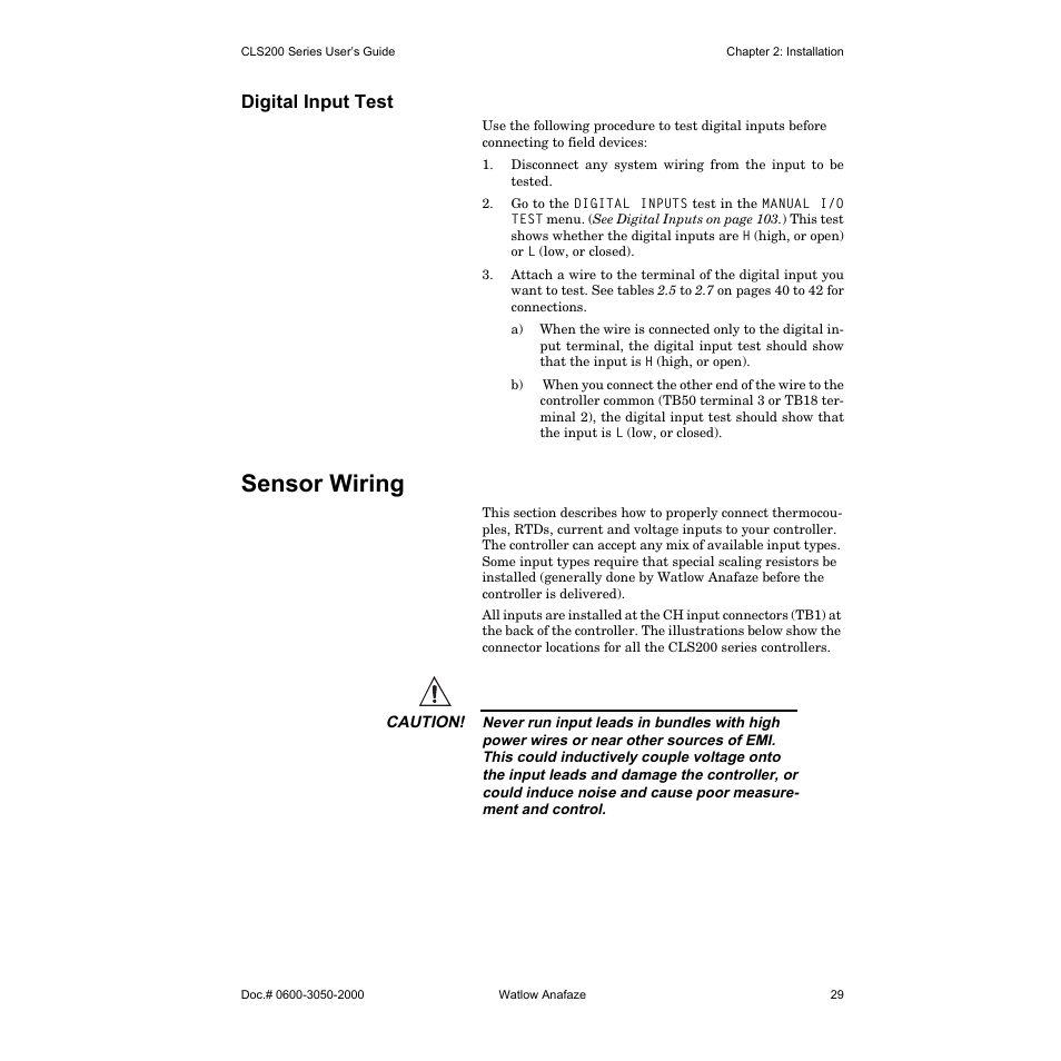 Digital input test, Sensor wiring | Watlow CLS200 User Manual | Page 45 / 251