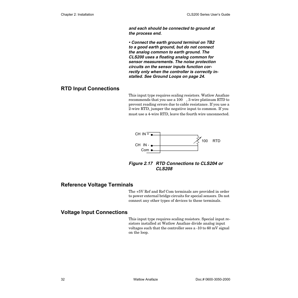 Rtd input connections, Reference voltage terminals, Voltage input connections | Watlow CLS200 User Manual | Page 48 / 251