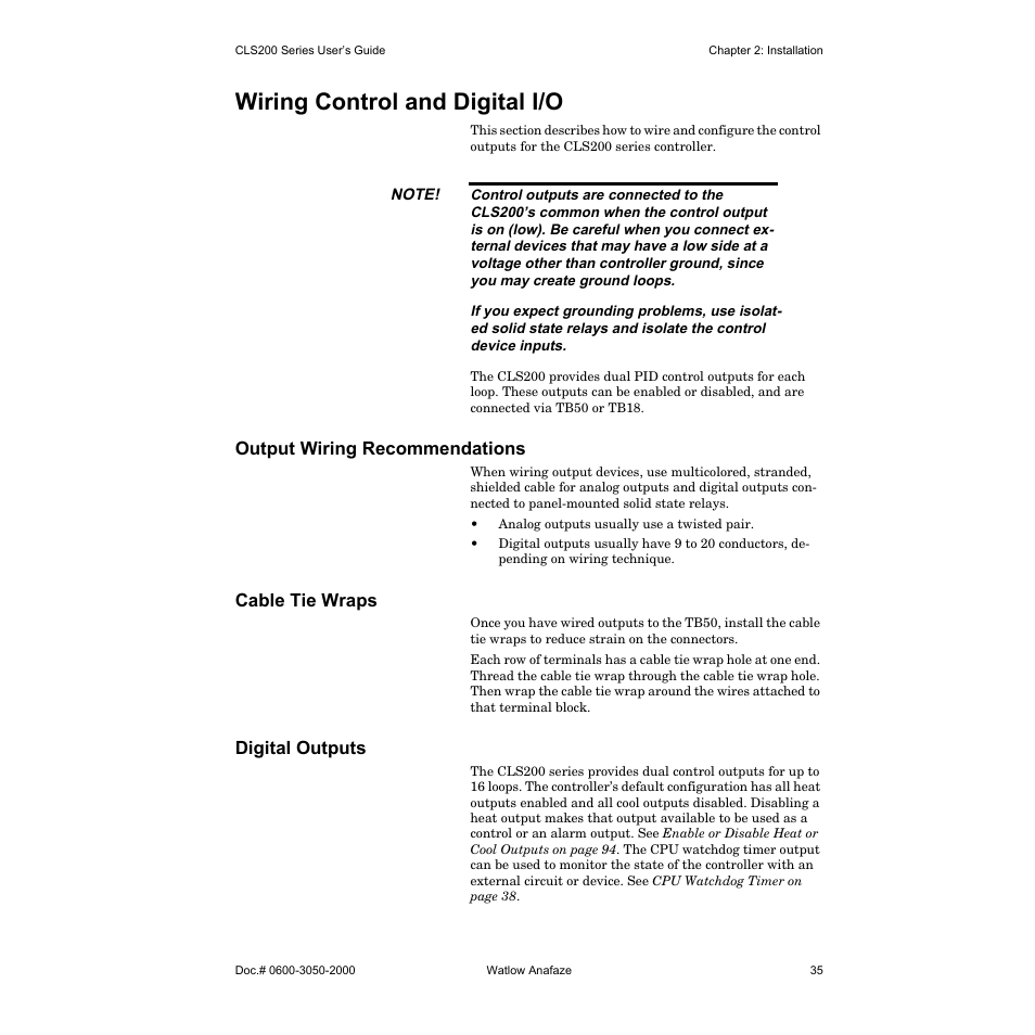 Wiring control and digital i/o, Output wiring recommendations, Cable tie wraps | Digital outputs | Watlow CLS200 User Manual | Page 51 / 251