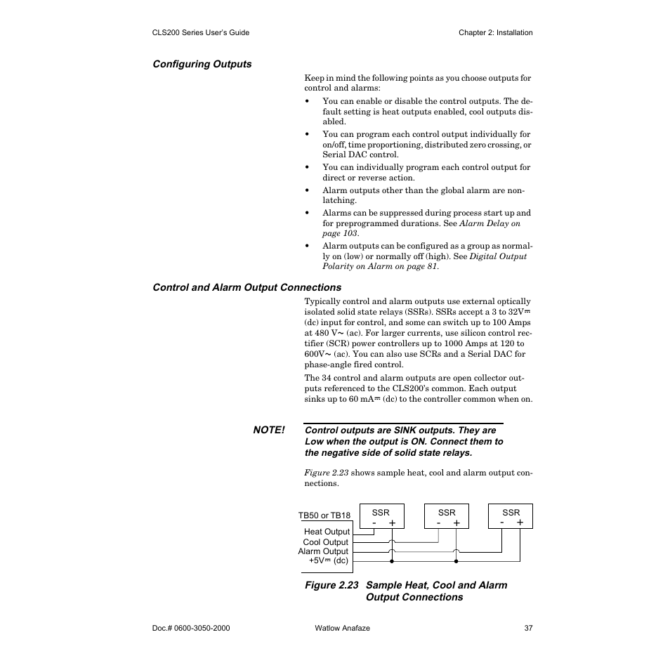 Configuring outputs, Control and alarm output connections | Watlow CLS200 User Manual | Page 53 / 251