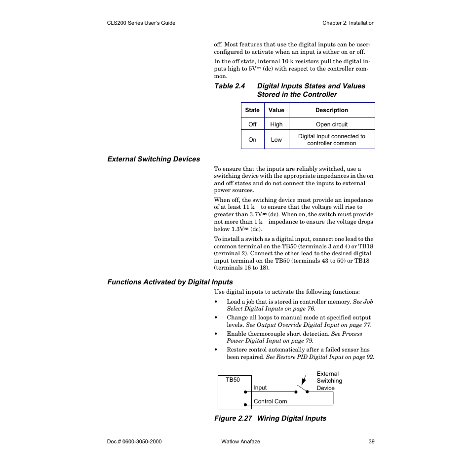 External switching devices, Functions activated by digital inputs | Watlow CLS200 User Manual | Page 55 / 251