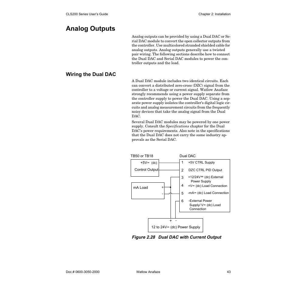 Analog outputs, Wiring the dual dac | Watlow CLS200 User Manual | Page 59 / 251