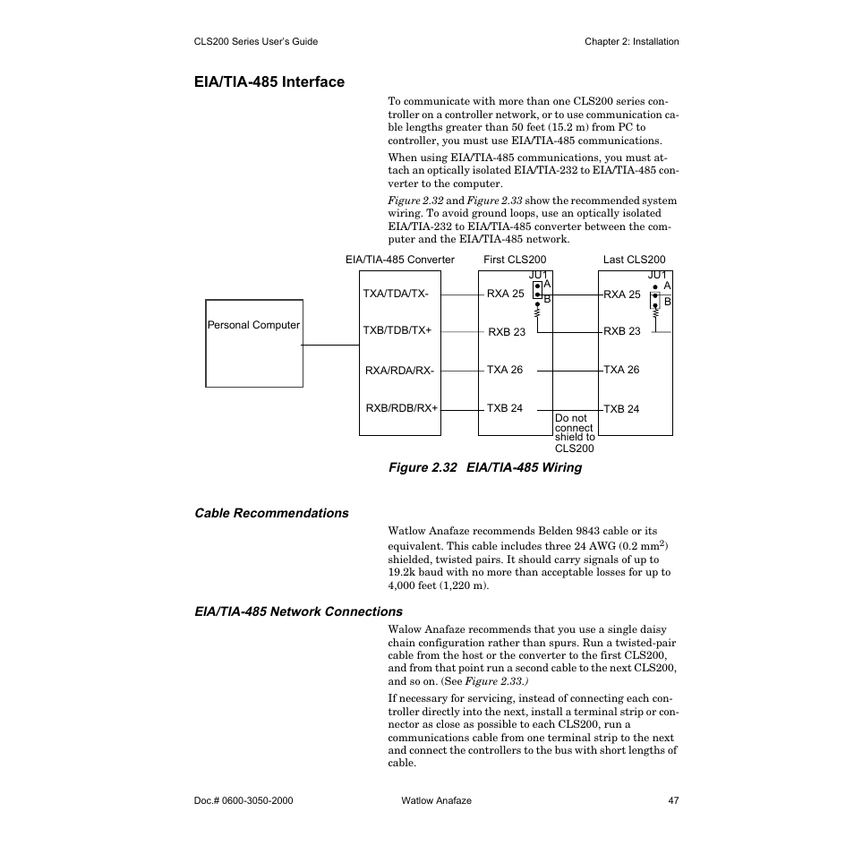 Eia/tia-485 interface, Cable recommendations, Eia/tia-485 network connections | Watlow CLS200 User Manual | Page 63 / 251