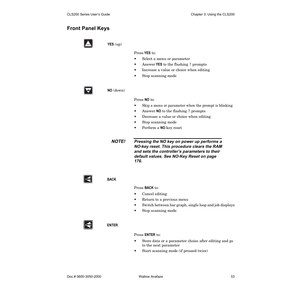 Front panel keys | Watlow CLS200 User Manual | Page 69 / 251