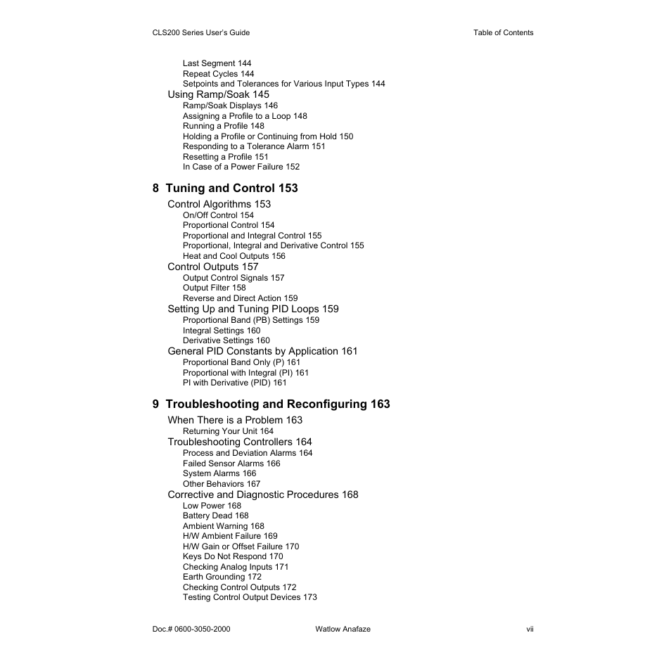 8 tuning and control 153, 9 troubleshooting and reconfiguring 163 | Watlow CLS200 User Manual | Page 7 / 251