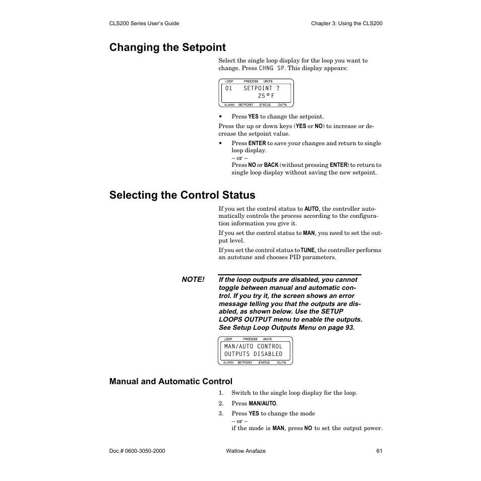 Changing the setpoint, Selecting the control status, Manual and automatic control | Watlow CLS200 User Manual | Page 77 / 251