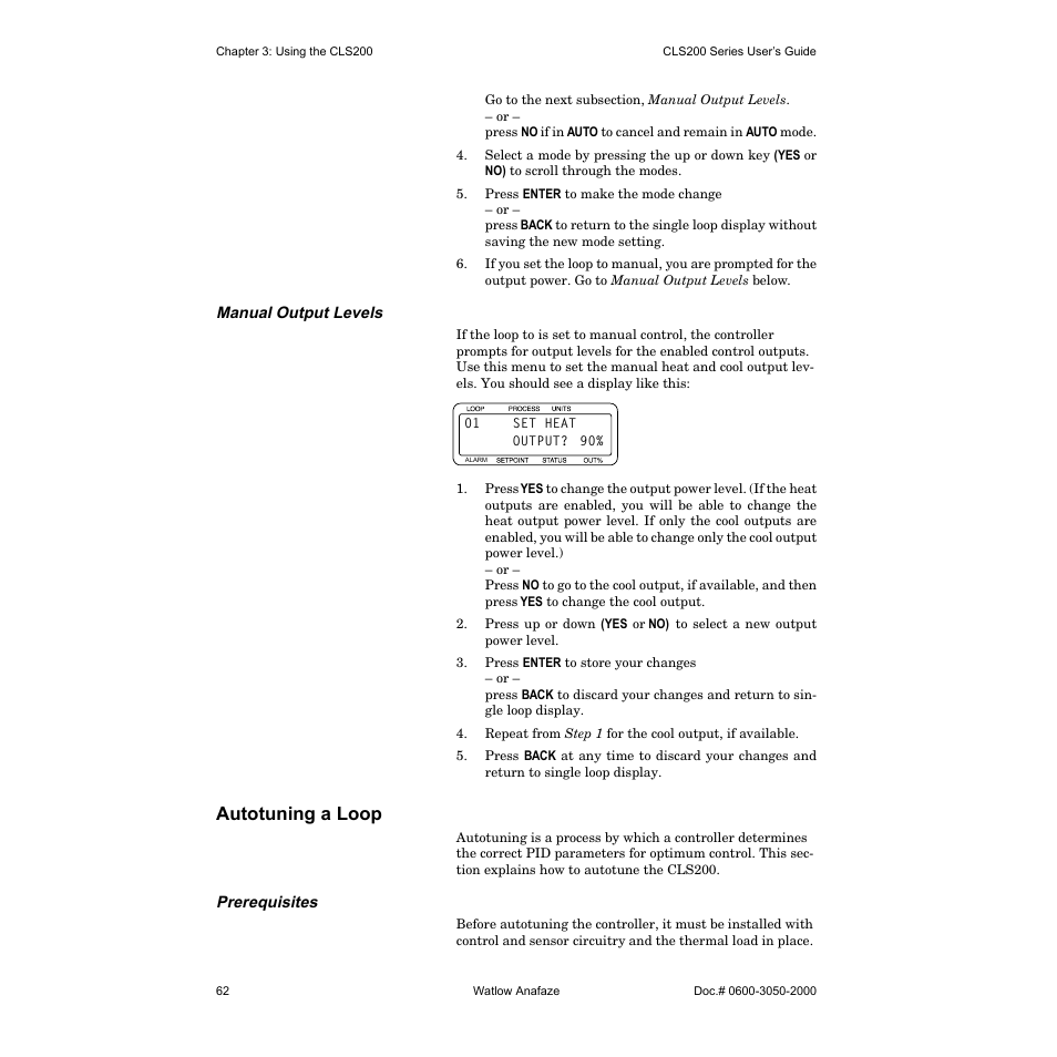 Manual output levels, Autotuning a loop, Prerequisites | Watlow CLS200 User Manual | Page 78 / 251