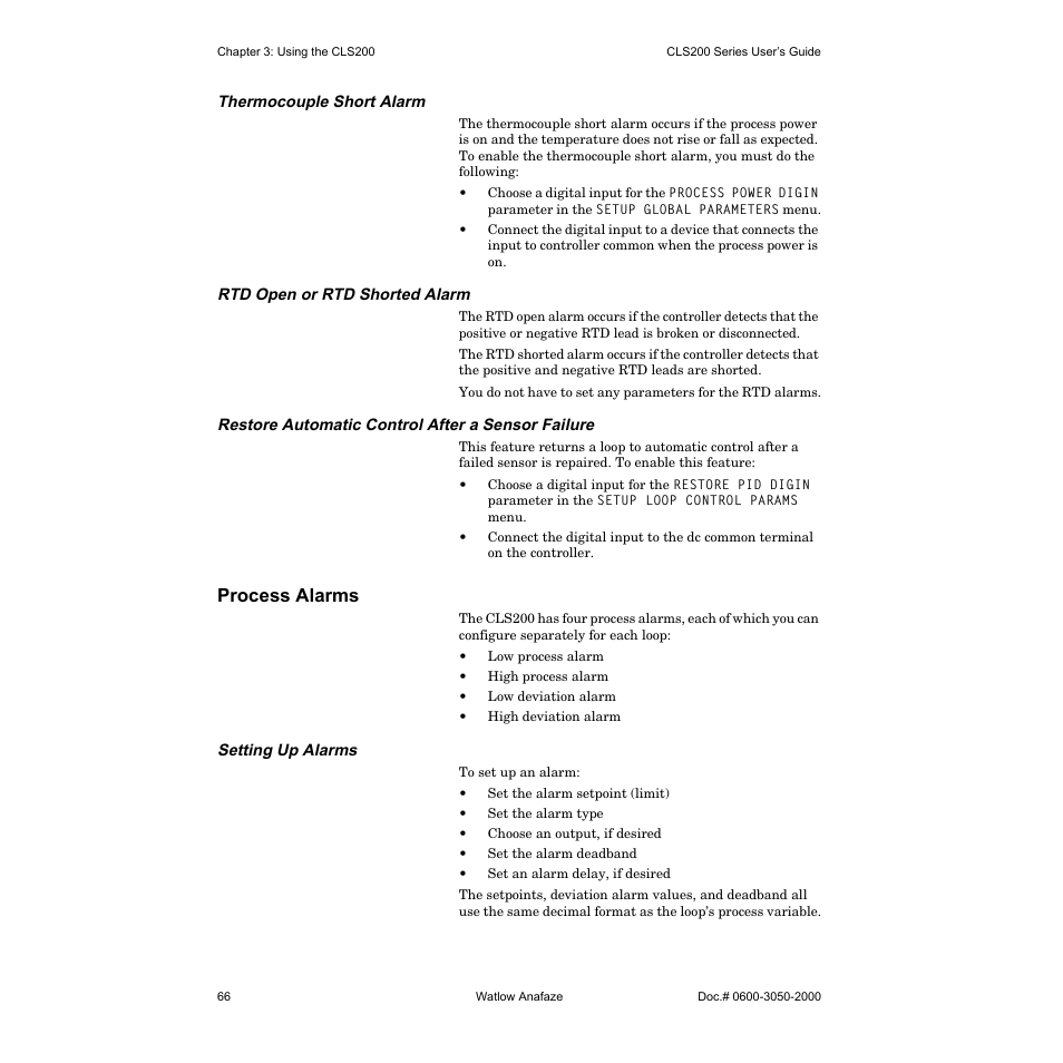 Thermocouple short alarm, Rtd open or rtd shorted alarm, Restore automatic control after a sensor failure | Process alarms, Setting up alarms | Watlow CLS200 User Manual | Page 82 / 251