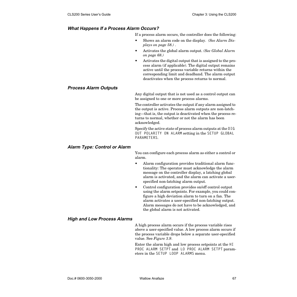 What happens if a process alarm occurs, Process alarm outputs, Alarm type: control or alarm | High and low process alarms | Watlow CLS200 User Manual | Page 83 / 251