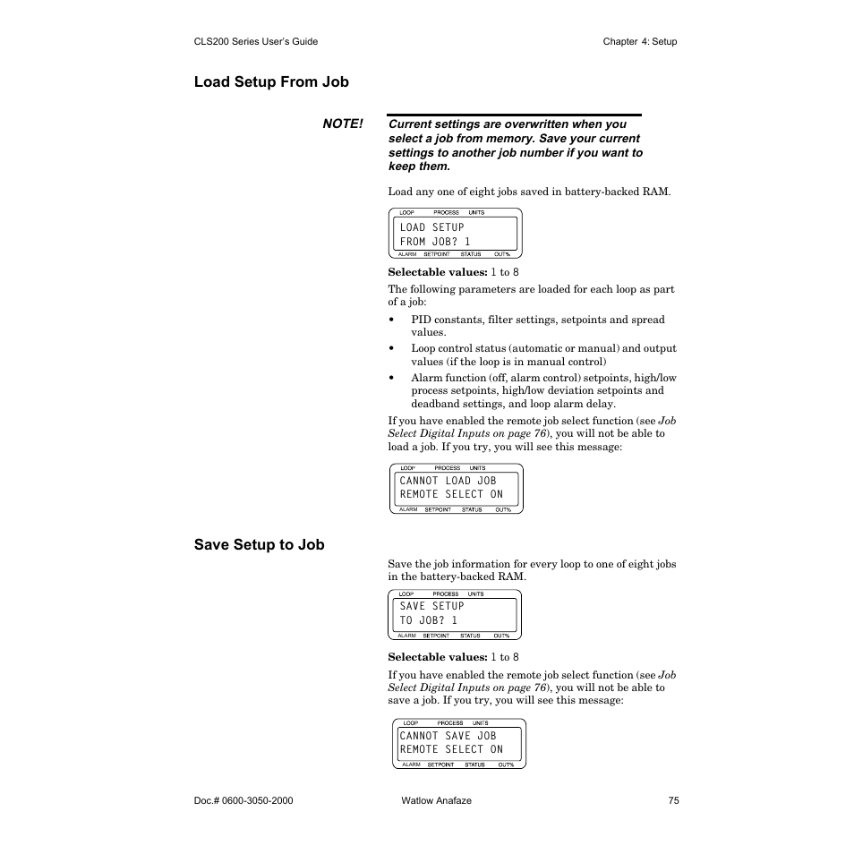 Load setup from job, Save setup to job | Watlow CLS200 User Manual | Page 91 / 251