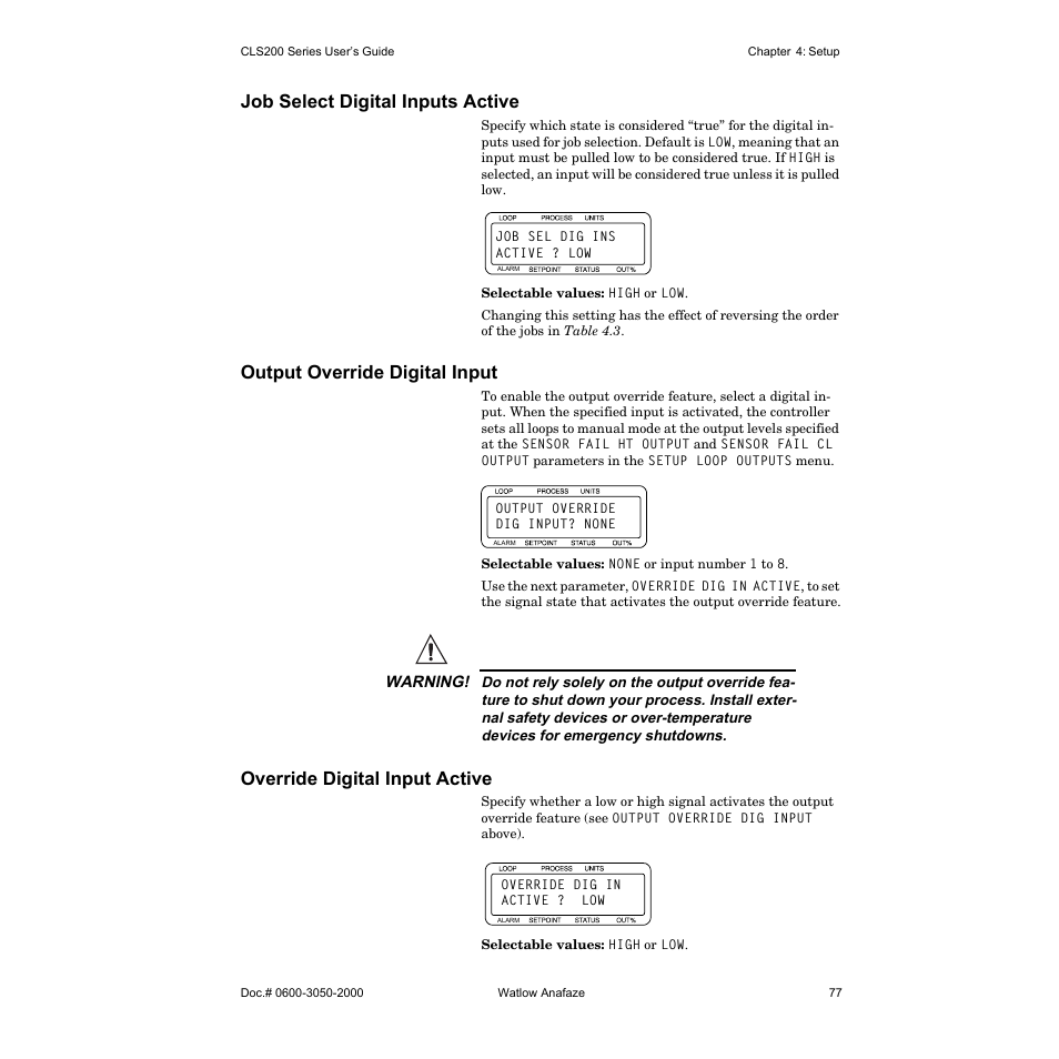 Job select digital inputs active, Output override digital input, Override digital input active | Watlow CLS200 User Manual | Page 93 / 251