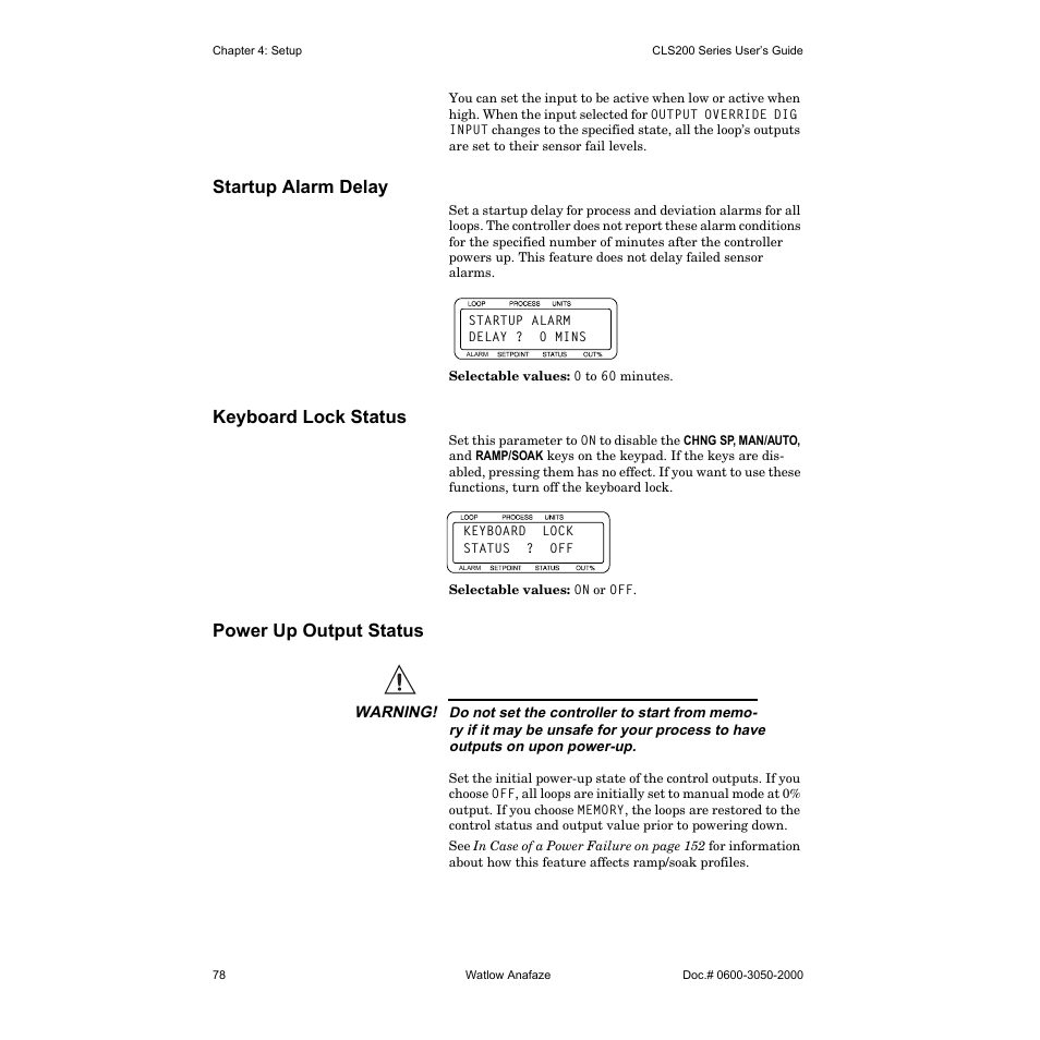 Startup alarm delay, Keyboard lock status, Power up output status | Watlow CLS200 User Manual | Page 94 / 251