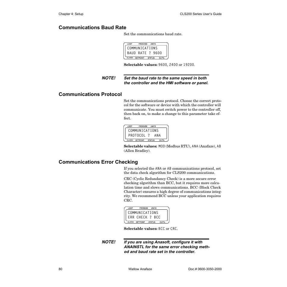 Communications baud rate, Communications protocol, Communications error checking | Watlow CLS200 User Manual | Page 96 / 251
