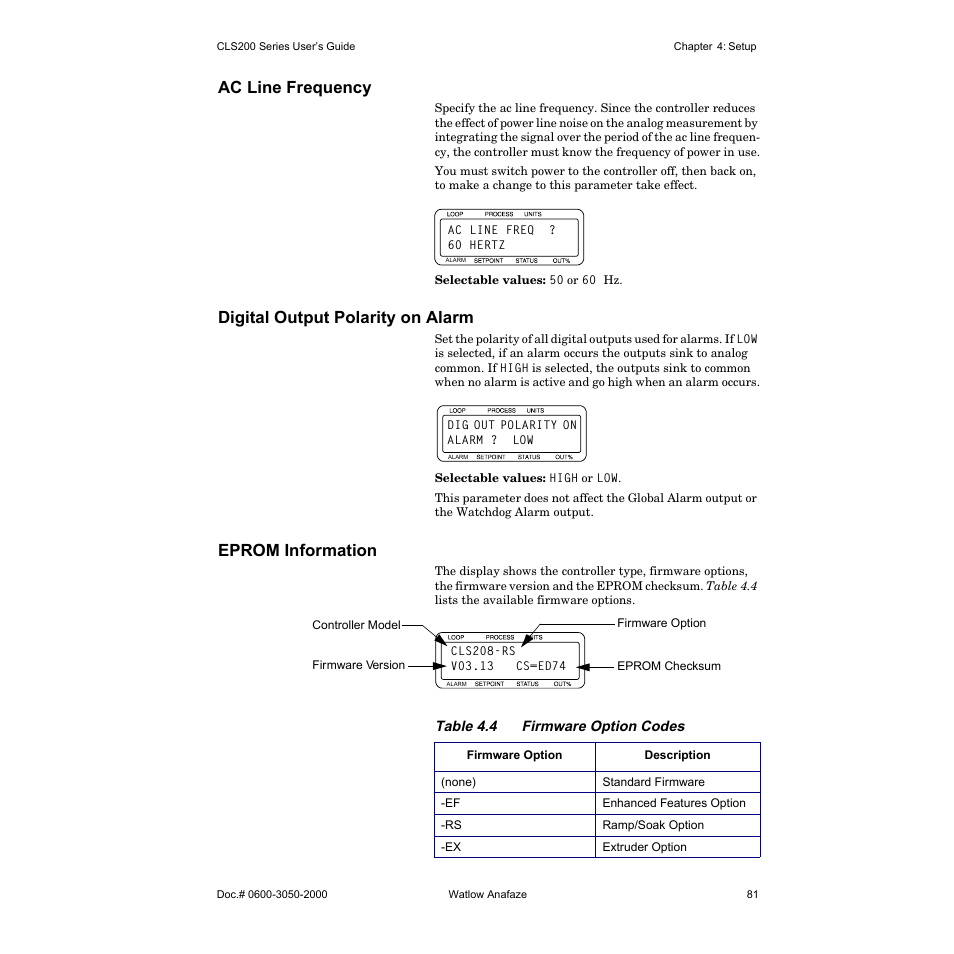 Ac line frequency, Digital output polarity on alarm, Eprom information | Watlow CLS200 User Manual | Page 97 / 251