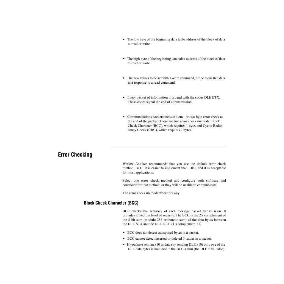 Addl, Addh, Data | Dle etx, Bcc or crc, Error checking, Block check character (bcc) | Watlow CLS200, MLS300 and CAS200 User Manual | Page 14 / 92