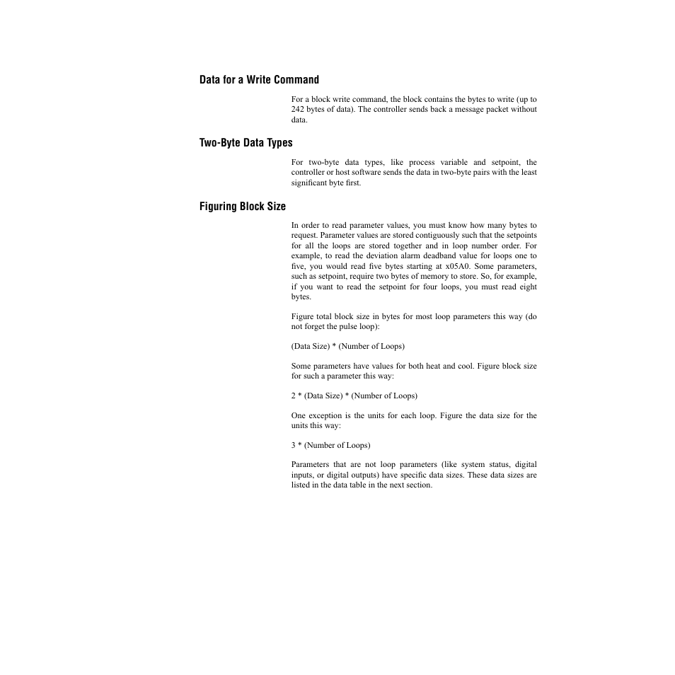 Data for a write command, Two-byte data types, Figuring block size | Watlow CLS200, MLS300 and CAS200 User Manual | Page 21 / 92