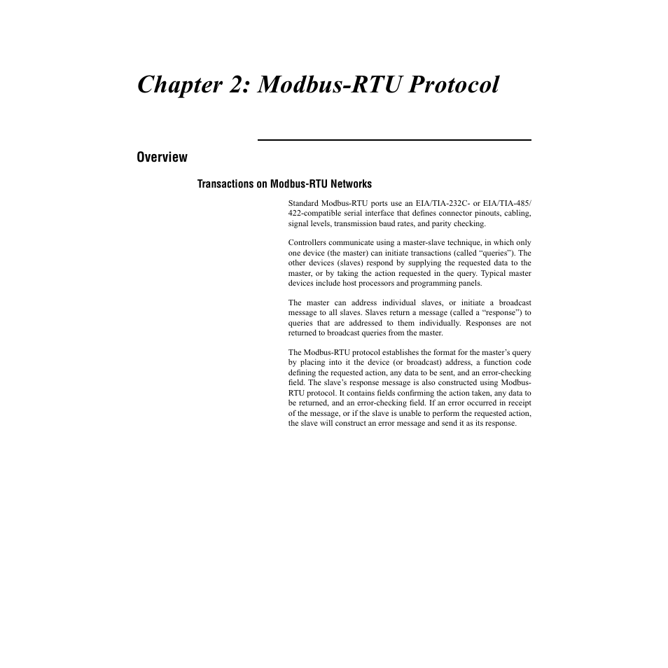 Chapter 2: modbus-rtu protocol, Overview, Transactions on modbus-rtu networks | Watlow CLS200, MLS300 and CAS200 User Manual | Page 27 / 92