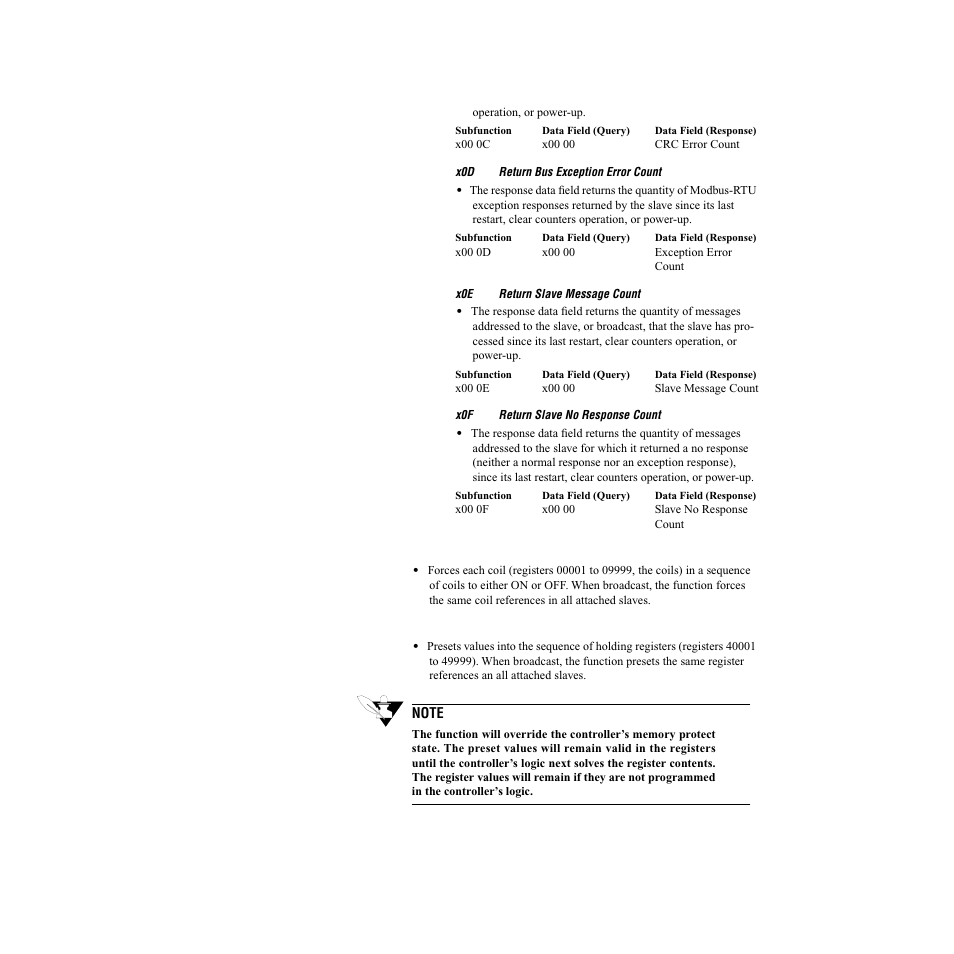 X0d return bus exception error count, X0e return slave message count, X0f return slave no response count | X0f force multiple coils, X10 preset multiple registers | Watlow CLS200, MLS300 and CAS200 User Manual | Page 35 / 92