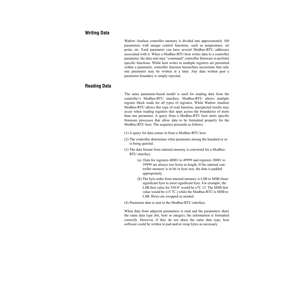 Writing data, Reading data, Writing data reading data | Watlow CLS200, MLS300 and CAS200 User Manual | Page 36 / 92